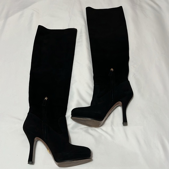 Prada Black Suede Platform Heeled Over the Knee Boots - Picture 2 of 16